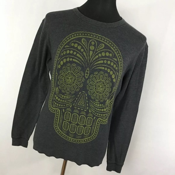 Obey Other - Obey M Shirt Thermal Gray Green Skull Logo Crew